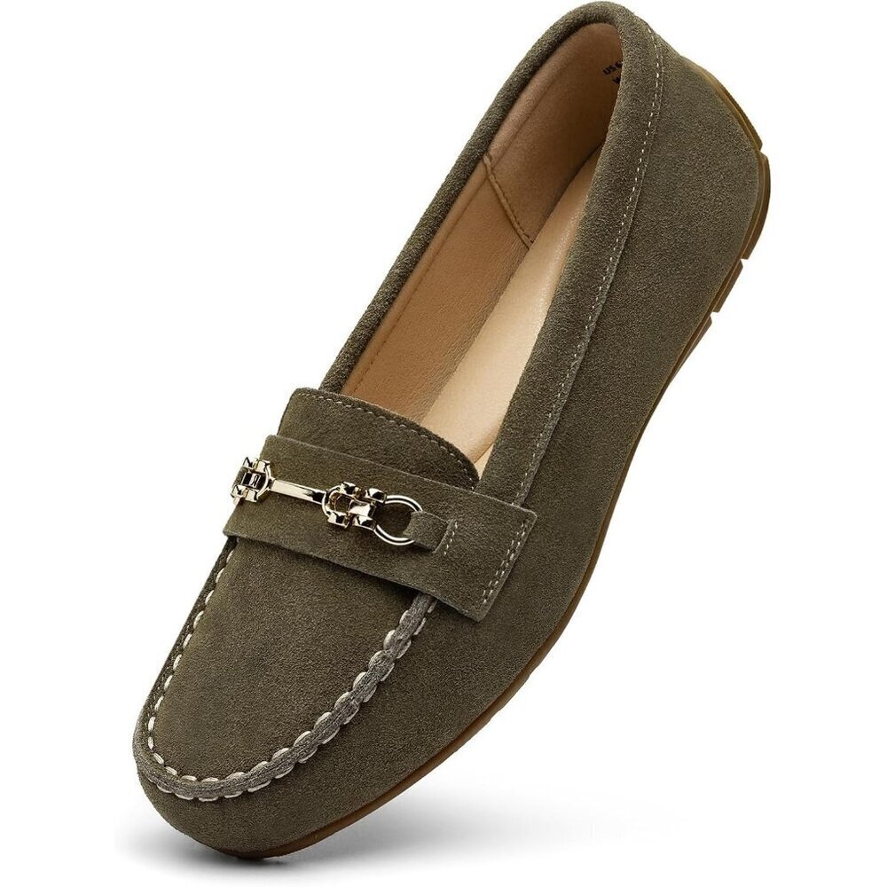 Kordal Women Olive Green Leather Gold Accent Buckle Slip-Ons Comfortable Loafers